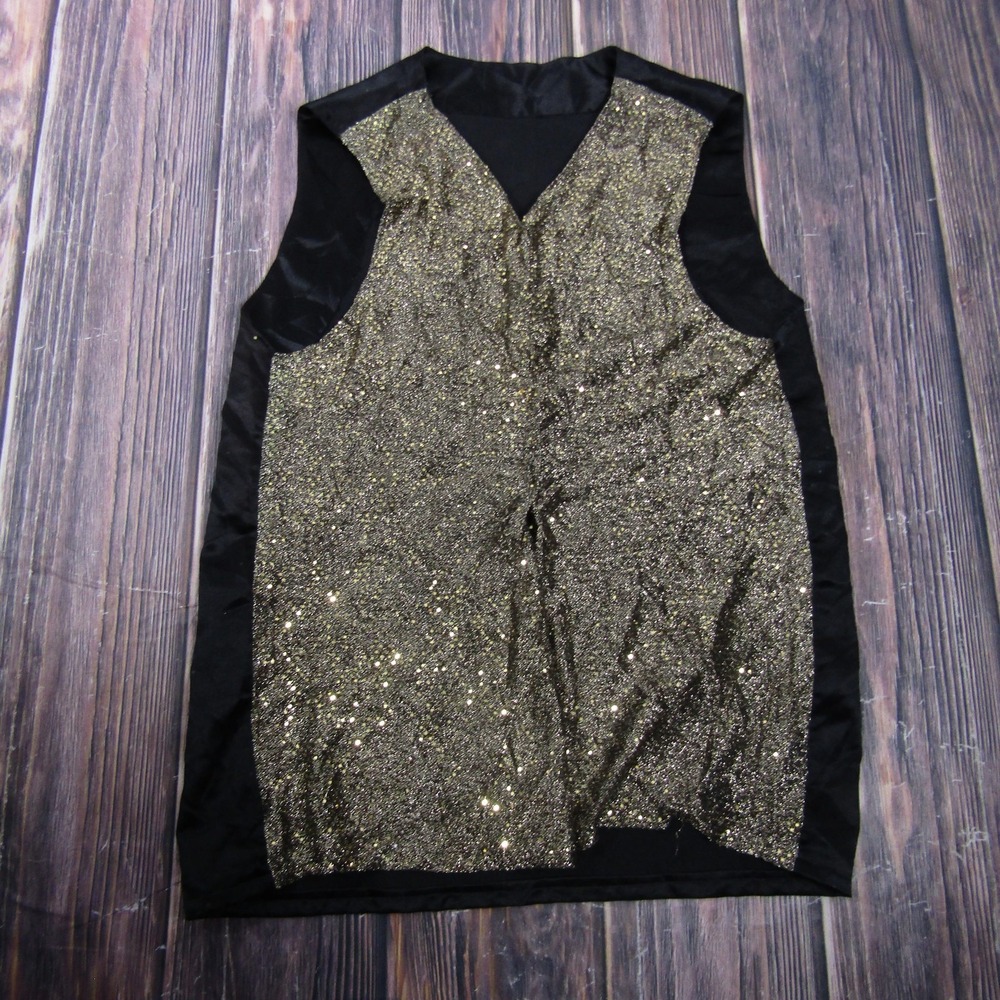 Vest Womens L Gold Satin Glitter Lined Collarless Open Long Party Formal